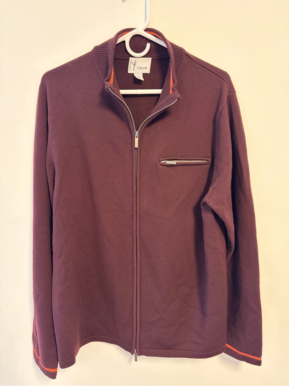 Neve Designs Men’s Large 100% Wool Full Zip Sweater Burgundy Plum Ski Alpine